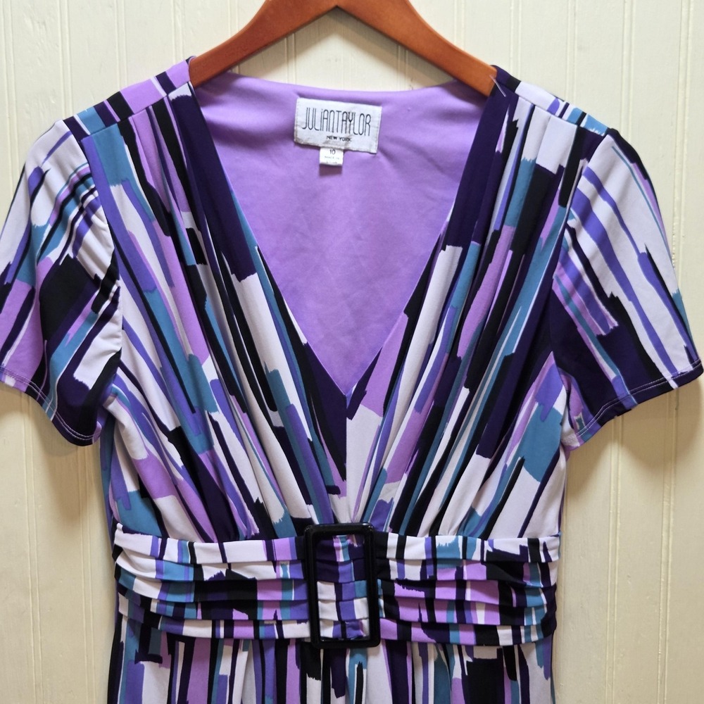 Julian Taylor Dress Womens 10‎ Purple Geometric Belted Wrap Knee Length